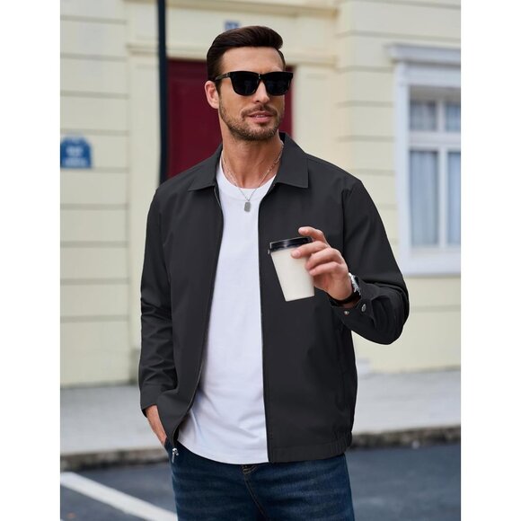 🆕 Men Black Lightweight Jacket Full Zip Golf Collar Windbreaker Casual Spring - Picture 6 of 7